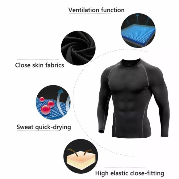 Men Compression Training Shirt Thermal Underwear Layer Workout Tops Long Sleeves - Picture 6 of 10